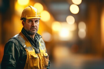 Poster - A construction worker on site wearing a hard hat and vest