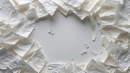 Poster - Textured white recycled paper background with a torn edge creating a central empty space for text or design, featuring soft shadows and crumpled details.