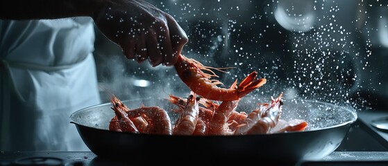 Poster - A person cooking shrimp in a pan