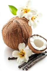 Poster - A single coconut with vanilla sticks and a flower on a white background