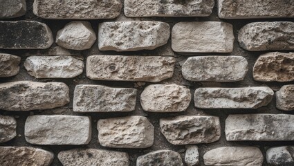 Poster - Rustic gray and beige stone wall texture with uneven, weathered bricks arranged in a horizontal layout, ideal for web design and backgrounds.
