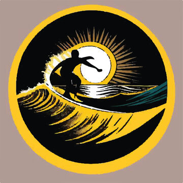 A circular logo featuring a silhouette of a surfer riding a wave inside a sun, with text like Summer Surf Club or Ride the Waves in bold, vintage-style fonts