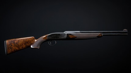Poster - A close-up shot of a rifle with a wooden barrel on a dark background