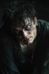 Poster - A close-up shot of a person with a bloody face, possibly in a crime scene or horror movie