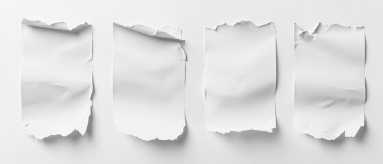 Poster - Four ripped sheets with written text on a clean white surface, ideal for representing ideas, thoughts or creative works