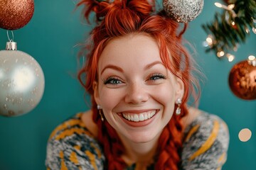 Poster - A happy woman with bright red hair standing in front of a decorated Christmas tree, perfect for holiday greetings and festive themes