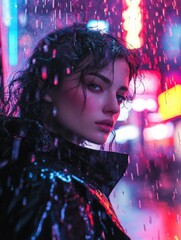 Poster - A person standing under an umbrella in a rainy city, with cars and buildings in the background