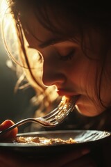 Poster - A woman enjoying a meal with a fork, simple and everyday scene