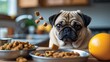 © Levan - Pug dog with a cute face focused on airborne kibble with green peas, set in a cozy kitchen environment with a vibrant orange nearby.