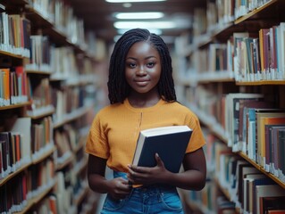 Poster - A young girl sitting at a desk, holding a book and deep in thought