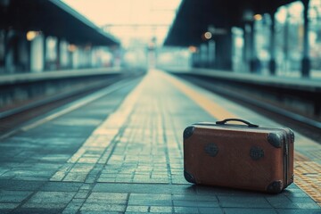 Poster - A suitcase sits on the platform at a busy train station, waiting for its owner
