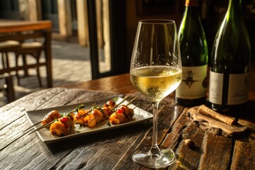 Aufkleber - A plate of food and a glass of wine on a table, perfect for a romantic dinner or special occasion