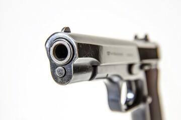 Poster - A close-up view of a gun with a white background, suitable for use in various contexts