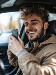 Aufkleber - A person is sitting in a vehicle, focused on their mobile device