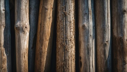 Poster - Aged round wooden poles displaying natural textures in shades of brown and grey, illuminated by sunlight, arranged horizontally in layered composition.