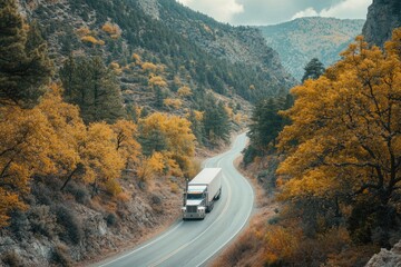 Poster - A large semi-truck navigates a curvy mountain road