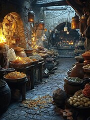 Aufkleber - A bustling market with various food options displayed on colorful stalls