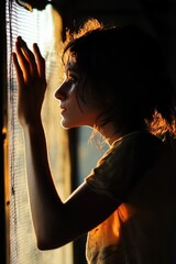 Aufkleber - A woman looks out of a window at the sunrise, a moment of peace and contemplation