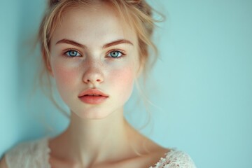 Fototapete - A woman poses for a photo, showcasing her striking blue eyes