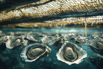 Poster - Freshwater oysters submerged in water, great for seafood or beach-themed designs
