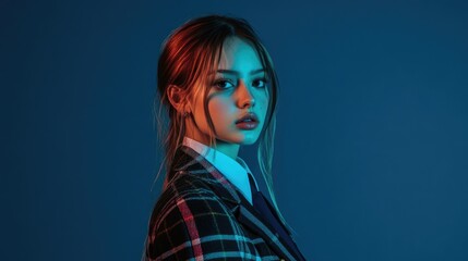 Poster - A woman wearing a plaid jacket and tie, likely for a casual or business occasion