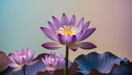 Poster - Serene purple lotus flowers in various stages against a soft pastel background with gentle gradients and lush green leaves in the foreground.