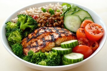 Poster - A white bowl filled with meat, vegetables, and rice for a nutritious meal