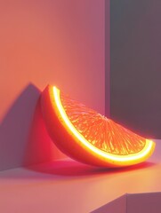 Poster - Fresh orange slice on wooden table with a simple background
