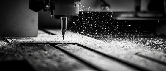 Poster - A woodcutting machine cutting a piece of wood on a table