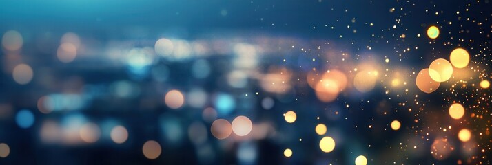Poster - Stunning urban nightscape showcasing blurred city lights in blue and gold hues with a modern design and dark gradient for text placement