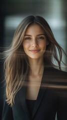 Poster - A woman with long hair and a black jacket, standing in a pose