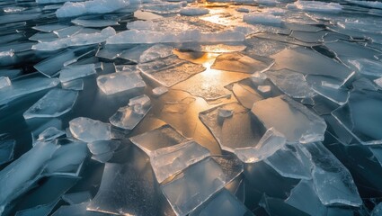 Poster - Shimmering ice shards reflecting warm sunlight in a tranquil blue background creating a serene and elegant atmosphere for home decor.