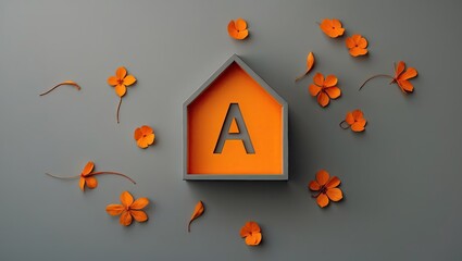 Poster - Stylized letter A in a hexagonal house shape, surrounded by orange flowers and leaves on a muted green background, offering a modern logo design.