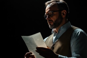 Poster - A person wearing glasses studying or reviewing a piece of paper