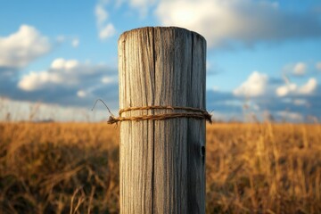 Poster - A close-up shot of a wooden post standing alone in a green field, possibly used as a boundary marker or fence