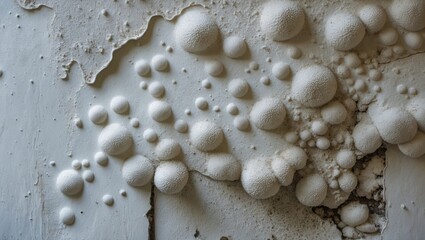Poster - Textured abstract surface with white spherical mold growth on a weathered light gray background, showcasing organic forms and uneven patterns.
