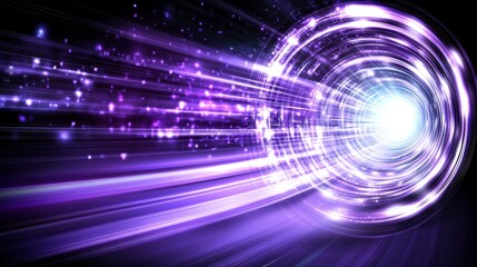 Poster - abstract digital art depicting a glowing purple and white circular tunnel with streaks of light, cre
