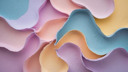 Fototapete - Colorful pastel abstract texture featuring flowing shapes in lavender, light blue, peach, and soft yellow arranged in a harmonious composition.