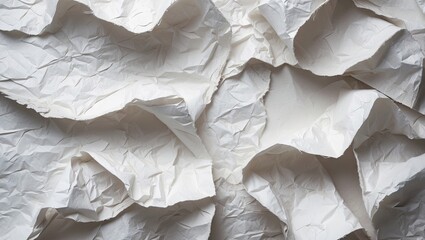Poster - Crumpled recycled white paper texture background with soft shadows and folds creating a dynamic layout suitable for text or design placement.