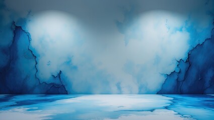 Fototapete - Light blue gradient abstract background featuring soft watercolor textures with ample unoccupied space for product display in central area.