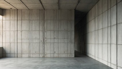 Poster - Modern concrete interior space with rough-textured walls in light gray tones and angular lines, featuring minimalistic design and open layout.