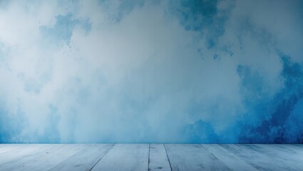 Fototapete - Light blue gradient abstract backdrop with soft cloud-like textures and a wooden floor for product display on the lower third of the image.