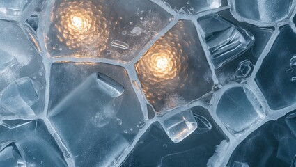 Poster - Illuminated ice surface with warm light reflections, featuring blue and transparent ice textures, creating a serene and elegant home decor ambiance.