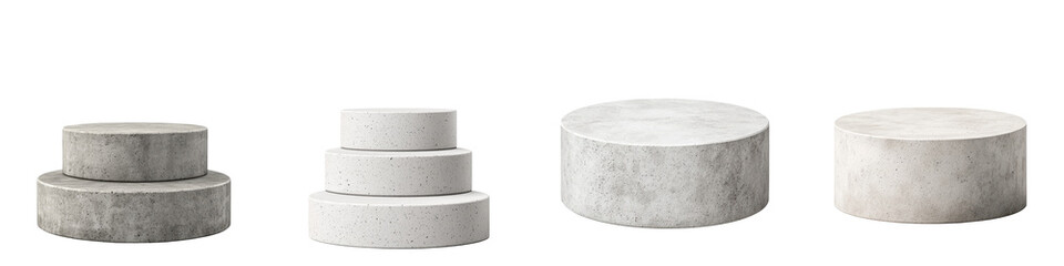 Fototapete - Minimalist geometric pedestals or platforms in various shapes and sizes arranged on a clean white studio background  Simple elegant modern design for product display exhibition or interior