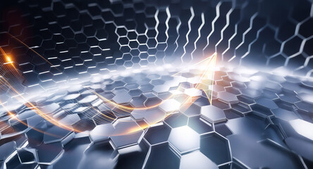 Poster - a bright orange streak illuminates a metallic hexagonal grid, creating a sense of futuristic technol