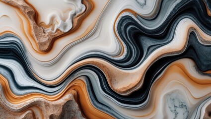Poster - Abstract liquid marble background featuring swirling patterns in shades of cream, brown, and black with smooth fluid curves and textures.