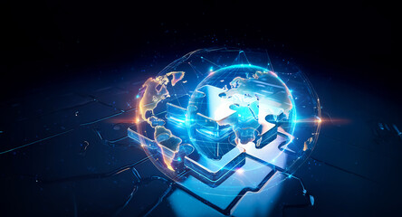 Poster - Glowing digital globe with interconnected lines and points, displaying continents on a dark surface. Futuristic network visualization with vibrant blue and orange lights.