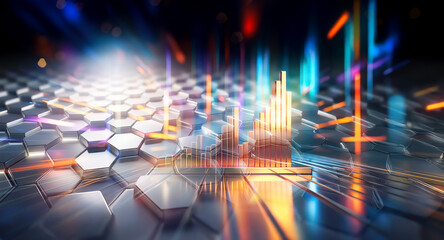Poster - Abstract futuristic tech background with a hexagonal grid. Glowing light beams emanate from the center, creating a bright, colorful, and dynamic scene.