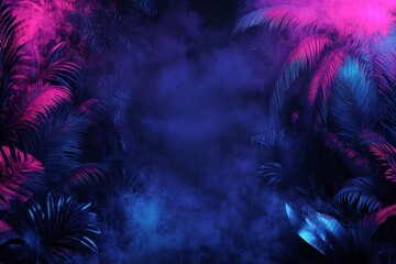 Poster - Neon pink and blue light illuminates tropical leaves and smoke, creating a vibrant and mysterious atmosphere. Dark background, empty center.
