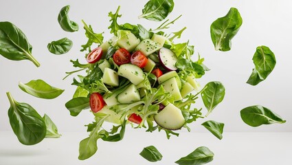 Poster - Vibrant flying salad with fresh green leaves, tomatoes, and cucumbers isolated on a light gray background, ample space for text or design.